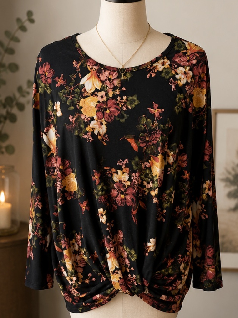 Black Floral Ruched Tunic Top | Fall Boho Blouse